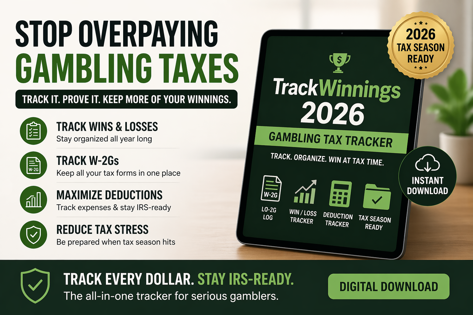 TrackWinnings 2026 gambling tax tracker digital product showing win loss tracking and W-2G organization