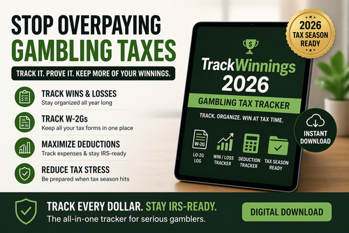TrackWinnings 2026 gambling tax tracker digital product showing win loss tracking and W-2G organization